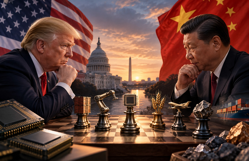 Donald Trump and Xi Jinping facing a symbolic chessboard representing U.S.-China trade, AI chips, aircraft and rare-earth negotiations