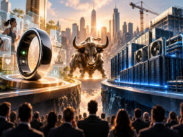 Metaphorical split between consumer health wearable technology and AI data-center infrastructure representing two upcoming technology IPOs.