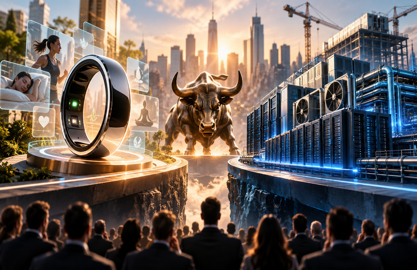 Metaphorical split between consumer health wearable technology and AI data-center infrastructure representing two upcoming technology IPOs.