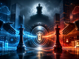 Cybersecurity chess pieces and a guarded digital vault symbolize Varonis Systems takeover talks and potential bidder competition.