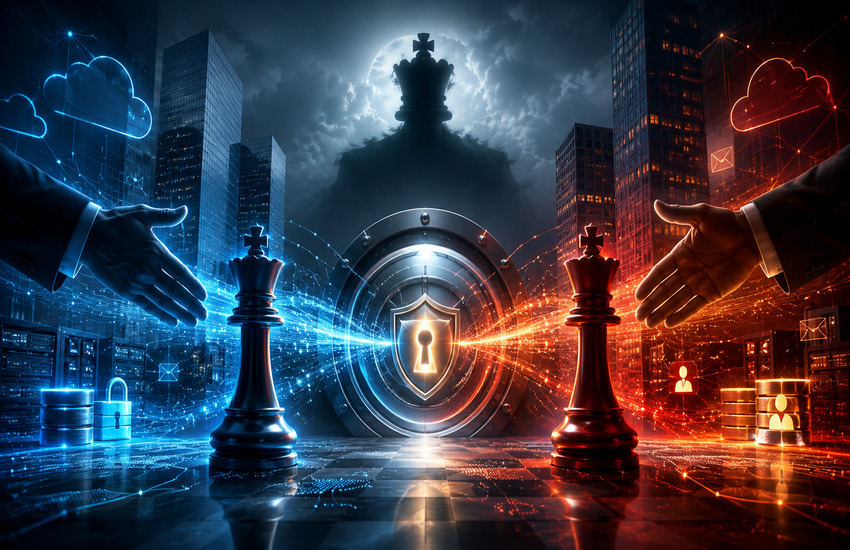 Cybersecurity chess pieces and a guarded digital vault symbolize Varonis Systems takeover talks and potential bidder competition.