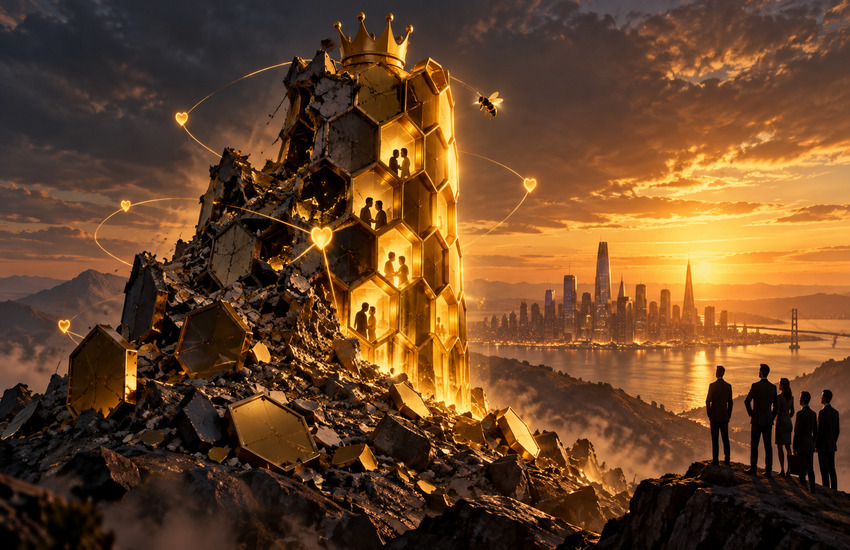 A partially collapsed golden honeycomb empire glows at sunset, symbolizing Bumble's valuation decline and potential takeover-driven revival.