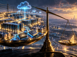 AI infrastructure spending represented by massive data centers outweighing a smaller pool of revenue on a financial balance scale.