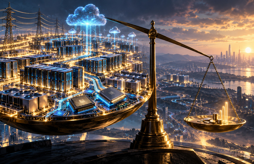 AI infrastructure spending represented by massive data centers outweighing a smaller pool of revenue on a financial balance scale.