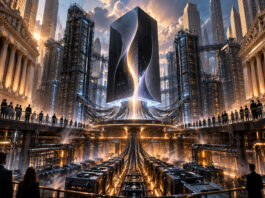 Metaphorical AI monolith above massive server infrastructure and Wall Street architecture representing Anthropic IPO valuation and compute costs.