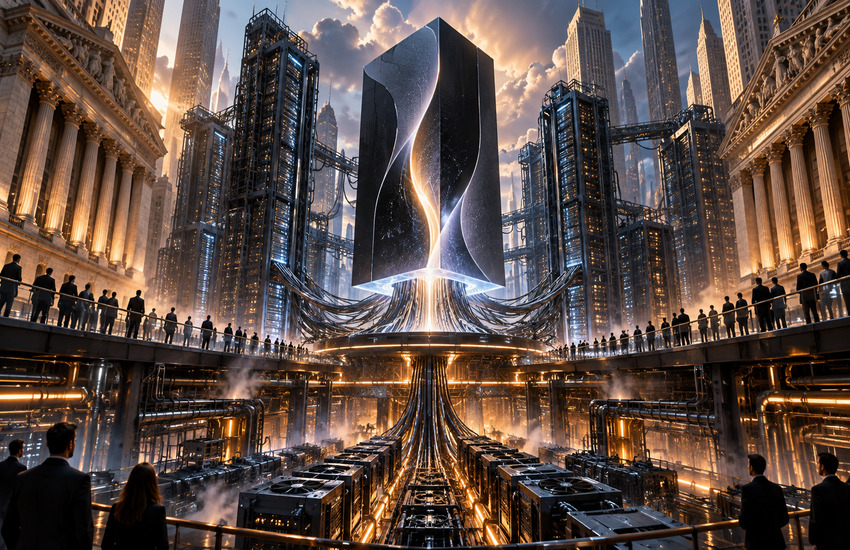 Metaphorical AI monolith above massive server infrastructure and Wall Street architecture representing Anthropic IPO valuation and compute costs.