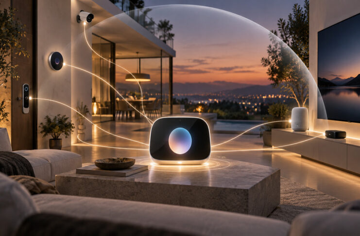 Apple AI Ecosystem concept featuring a central AI-powered home hub connecting smart locks, security cameras, speakers, and entertainment devices.
