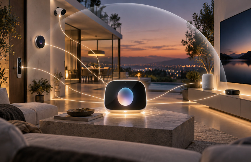Apple AI Ecosystem concept featuring a central AI-powered home hub connecting smart locks, security cameras, speakers, and entertainment devices.