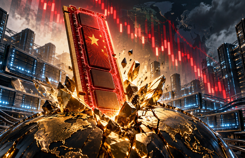 Chinese-themed memory chip rising through a fractured global sphere, with data centers and falling market charts symbolizing CXMT's impact on memory stocks.