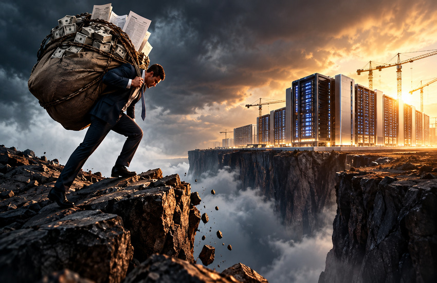 Businessman carrying a heavy financial burden toward an AI data center across a deep chasm, symbolizing CoreWeave's financing challenges.