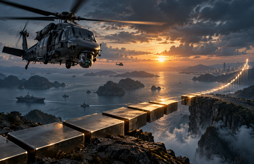 Military helicopter with surveillance sensors above a symbolic bridge representing Elbit Systems' defense contracts and financial execution challenges.
