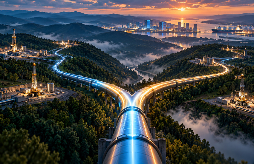 Two natural gas pipeline networks converge in an Appalachian landscape, symbolizing the proposed EQT Range acquisition and infrastructure synergies.