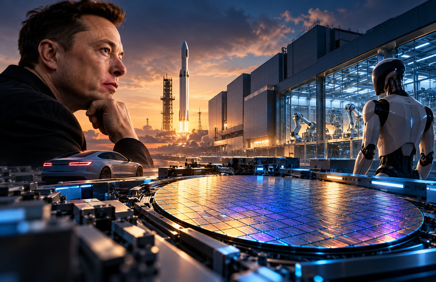 Conceptual illustration of Elon Musk overlooking an advanced semiconductor fabrication plant, with a silicon wafer, rocket, electric vehicle, and humanoid robot.