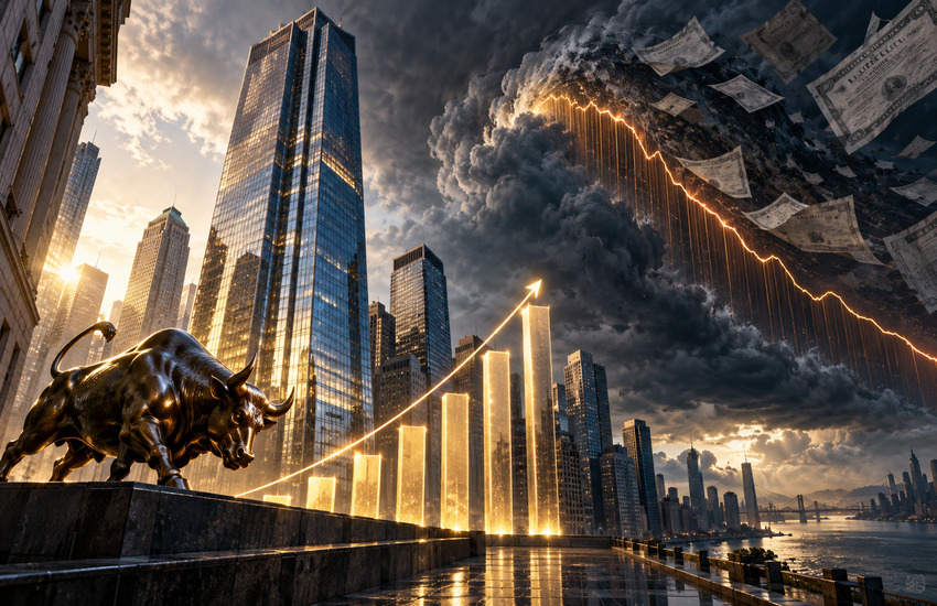 Bronze Wall Street bull beside rising earnings bars as a Treasury bond market storm approaches Manhattan skyscrapers.