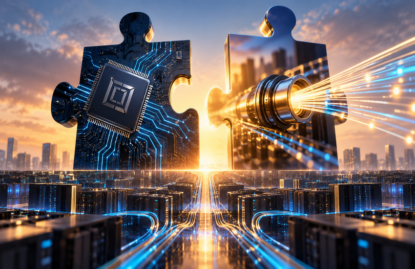 Metaphorical illustration of Marvell's potential Lumentum acquisition, featuring semiconductor circuitry and optical networking technology as connecting puzzle pieces.