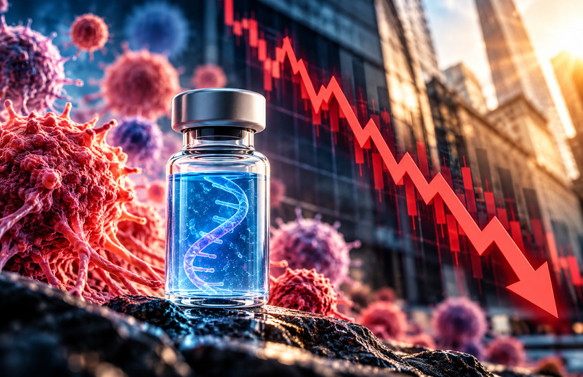 Glowing mRNA vaccine vial beside cancer cells and a falling red stock chart, illustrating Moderna's clinical progress and market selloff.