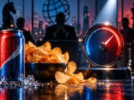 PepsiCo earnings concept with chips, cola, performance gauge and shadowed boardroom observers under dramatic red-and-blue lighting.