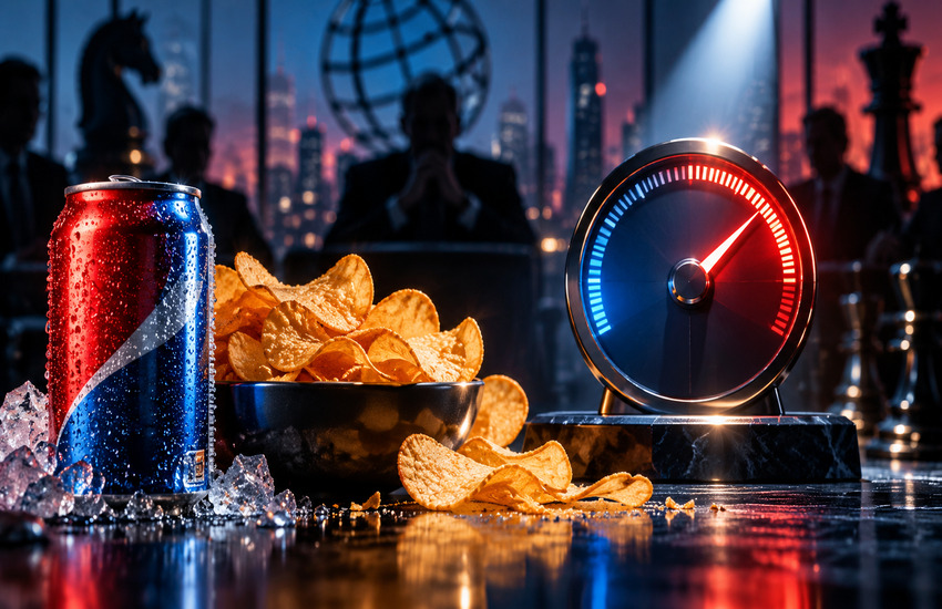 PepsiCo earnings concept with chips, cola, performance gauge and shadowed boardroom observers under dramatic red-and-blue lighting.