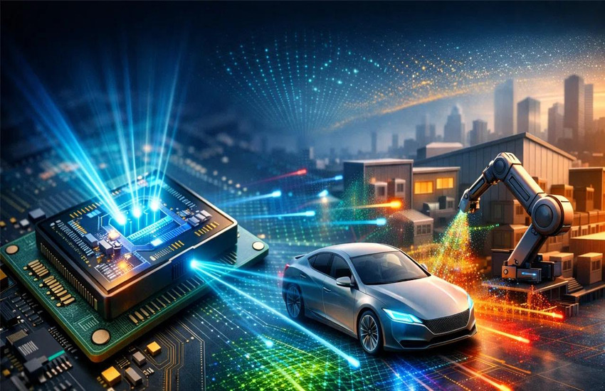 Concept illustration of large and small AI semiconductor chips connected by glowing circuits, with camera, vehicle, and robotics applications.