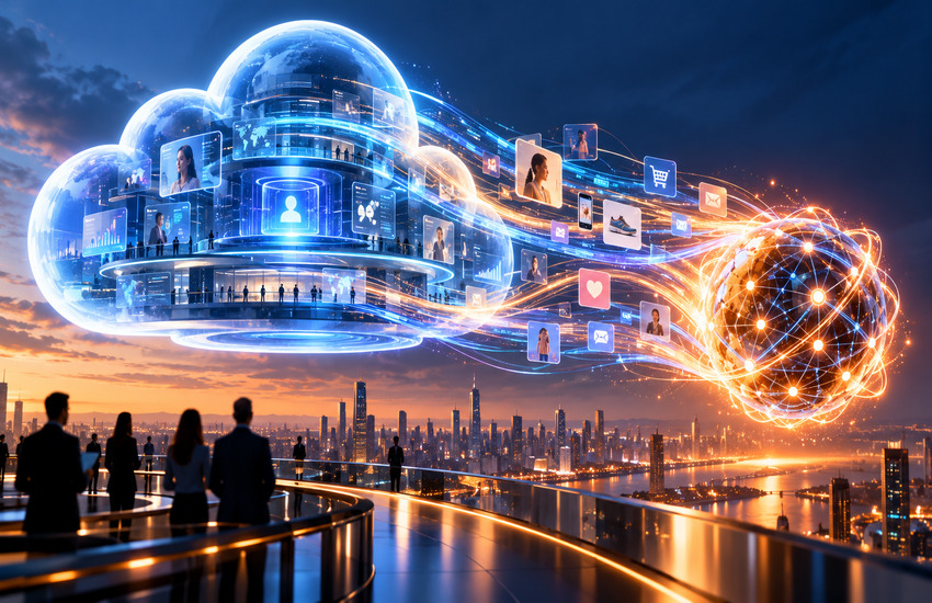Conceptual illustration of Salesforce's cloud platform connecting with Braze's digital engagement network, representing the Salesforce Braze Acquisition and AI marketing strategy.