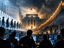Metaphorical editorial image showing the Federal Reserve, workers, traders, and a surging Treasury-yield wave during the September Jobs Report.