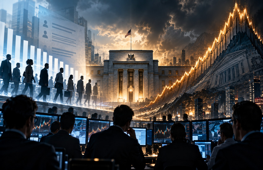 Metaphorical editorial image showing the Federal Reserve, workers, traders, and a surging Treasury-yield wave during the September Jobs Report.