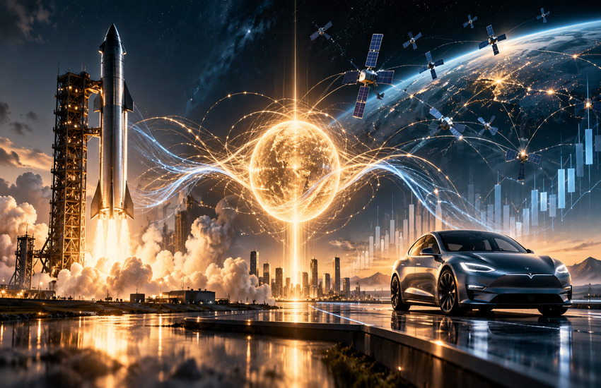 SpaceX rocket and Tesla electric car connected by a glowing energy network, illustrating potential merger synergies.