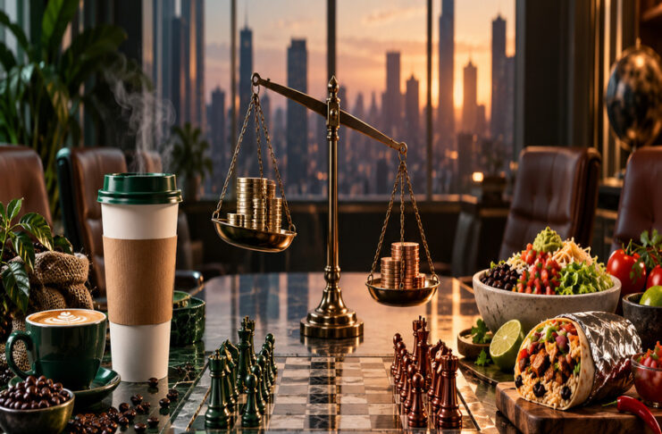 Coffee cup and Chipotle-style burrito bowl separated by a financial balance scale and chessboard, symbolizing Starbucks takeover speculation.