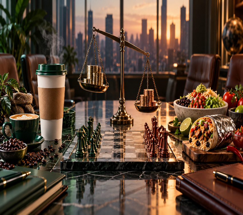 Coffee cup and Chipotle-style burrito bowl separated by a financial balance scale and chessboard, symbolizing Starbucks takeover speculation.