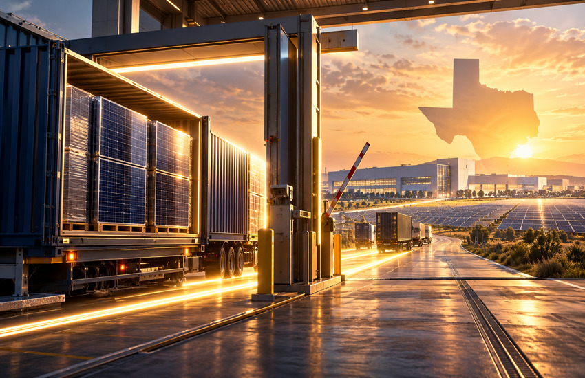 Solar panel shipments passing through an open customs checkpoint toward a Texas manufacturing complex at sunset.