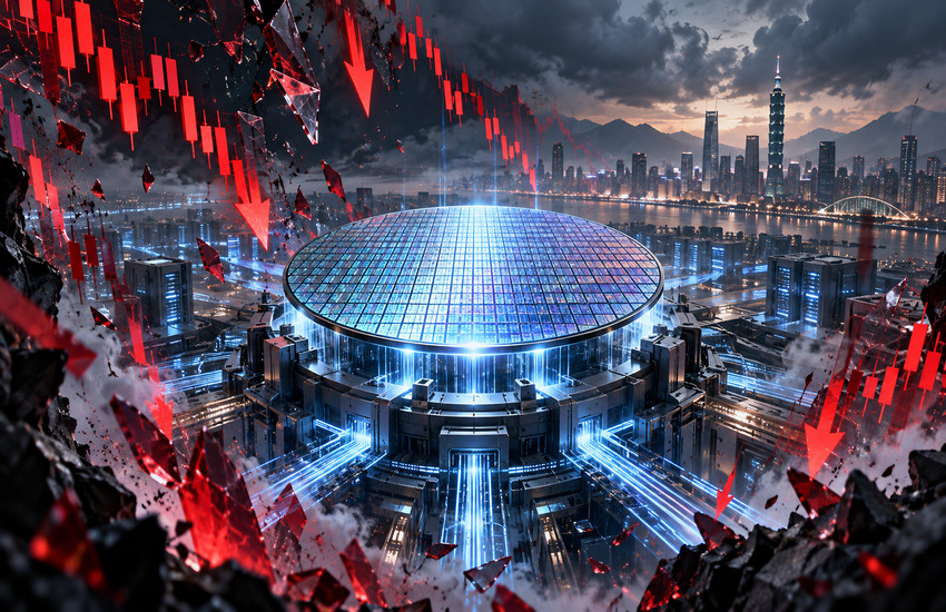 Glowing semiconductor wafer surrounded by falling red stock market indicators, symbolizing TSMC AI demand amid the Korean chip selloff.