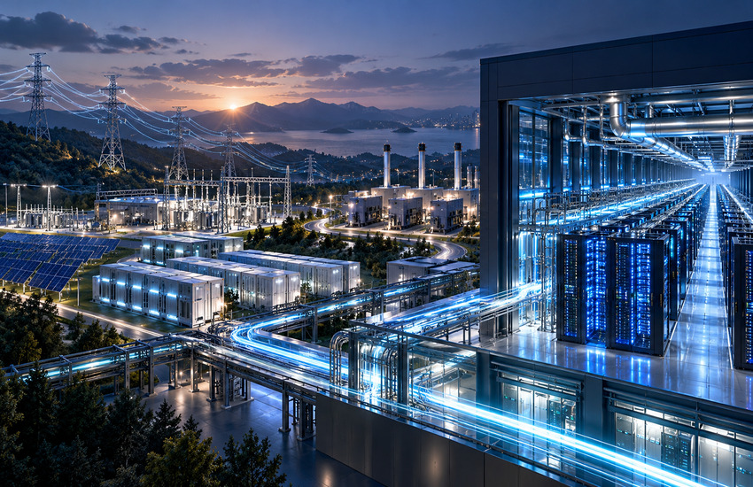 Vertiv UIG Acquisition concept showing electricity transmission, onsite power generation, battery storage, and connected AI data center servers.